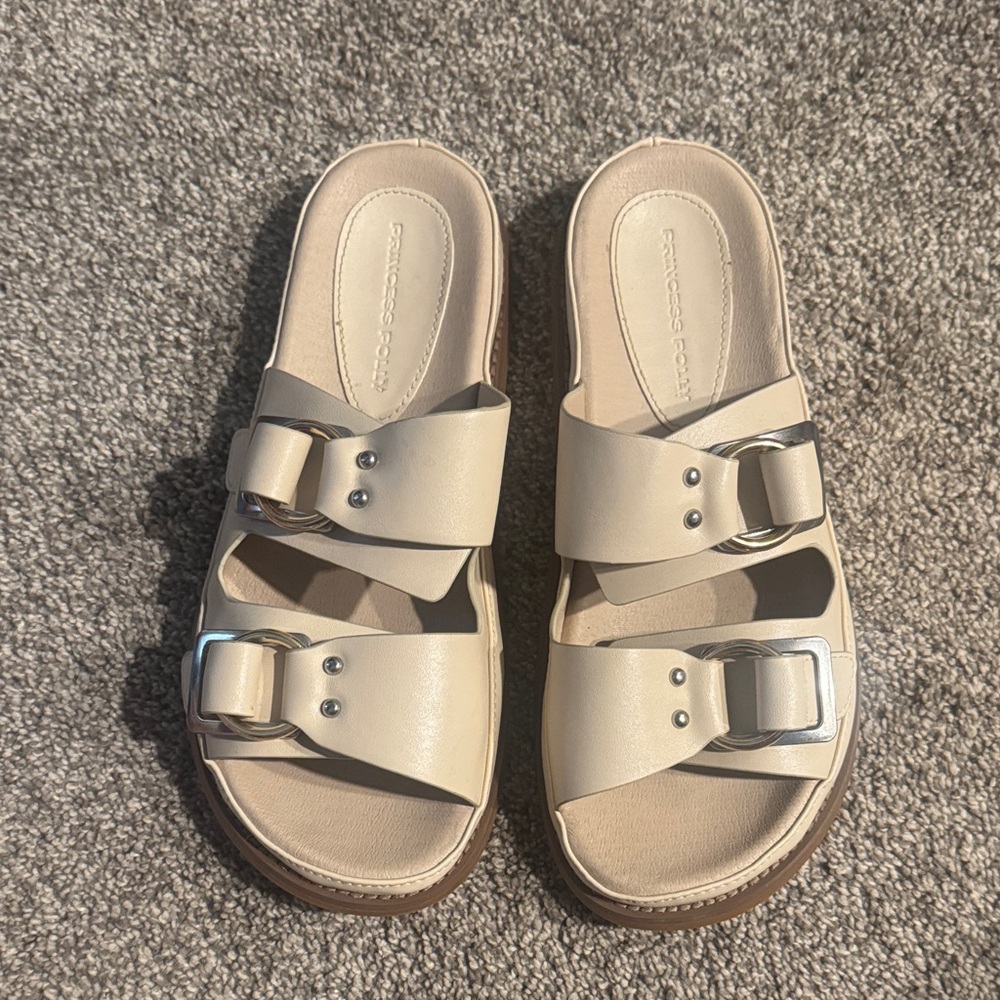 Princess Polly Cream Double Buckle Sandals